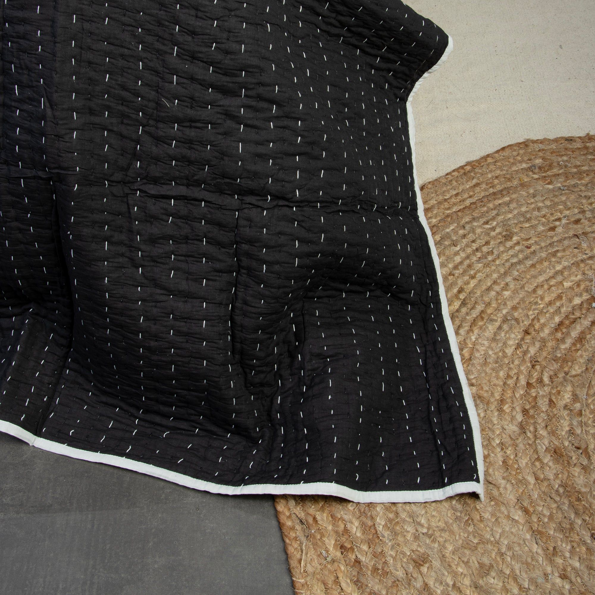 Black Cotton Kantha Quilt For Heavy Winter